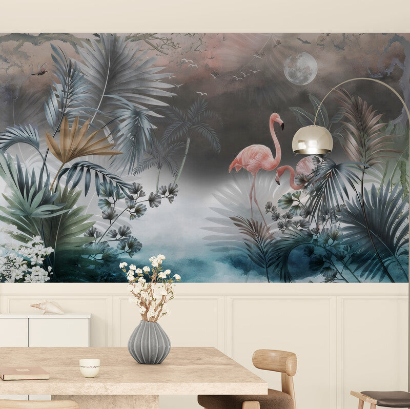 Temporäre Fototapete mit Flamingo-Motiv, tropisches Wanddesign „Elegante Flamingos“