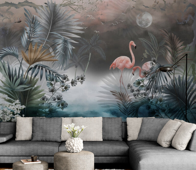 Temporäre Fototapete mit Flamingo-Motiv, tropisches Wanddesign „Elegante Flamingos“