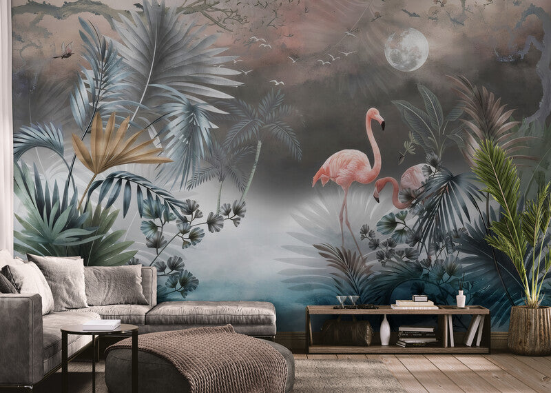 Temporäre Fototapete mit Flamingo-Motiv, tropisches Wanddesign „Elegante Flamingos“