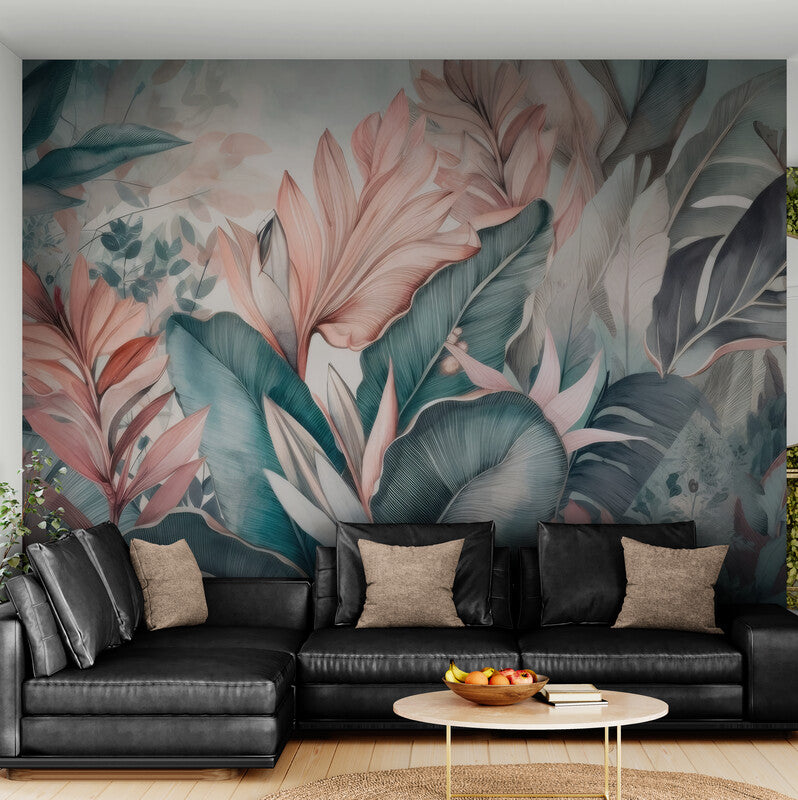 Selbstklebende Fototapete mit großen tropischen Blättern, exotisches Natur-Wandmotiv für die Wand „Tropische Blätter“