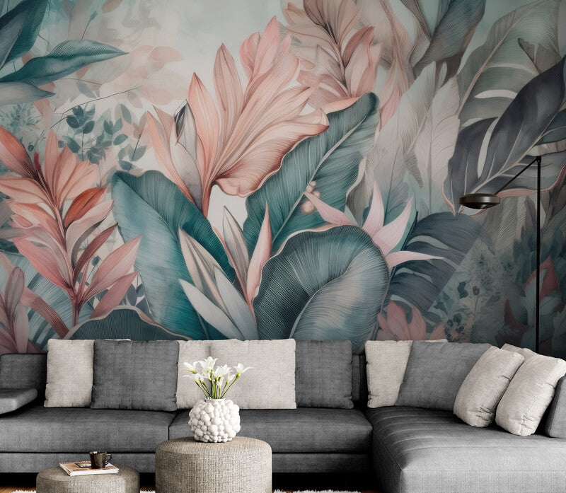 Selbstklebende Fototapete mit großen tropischen Blättern, exotisches Natur-Wandmotiv für die Wand „Tropische Blätter“