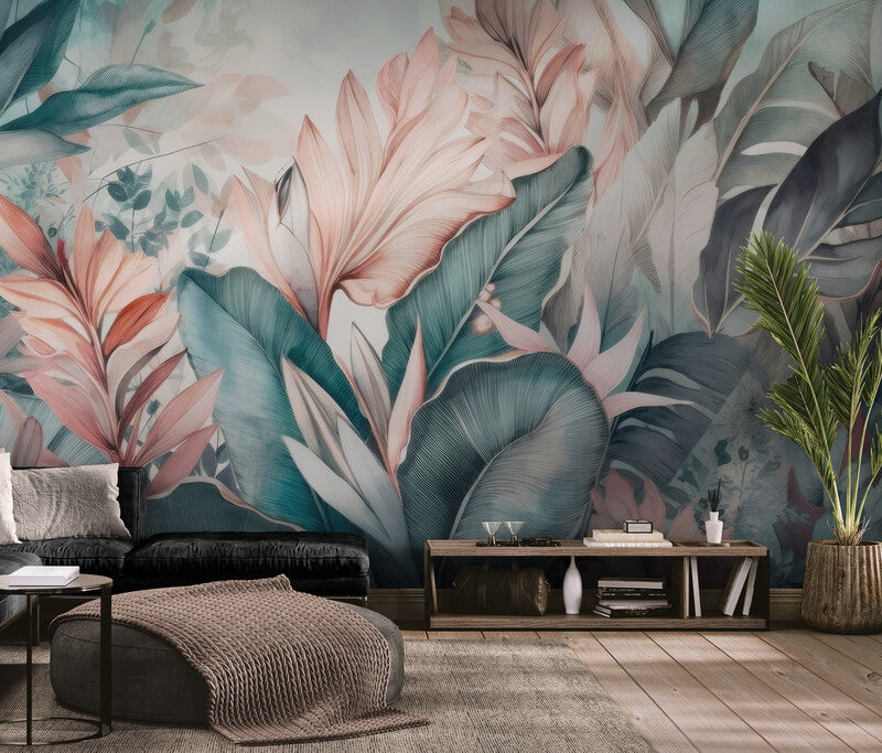 Selbstklebende Fototapete mit großen tropischen Blättern, exotisches Natur-Wandmotiv für die Wand „Tropische Blätter“