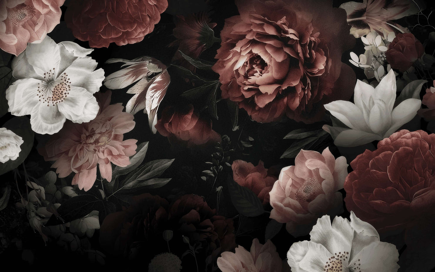 Dunkle Fototapete mit großen Blumen auf Leinwand „Nachtblüte“