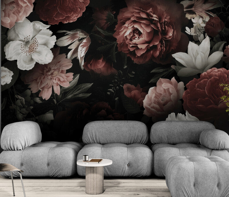 Dunkle Fototapete mit großen Blumen auf Leinwand „Nachtblüte“