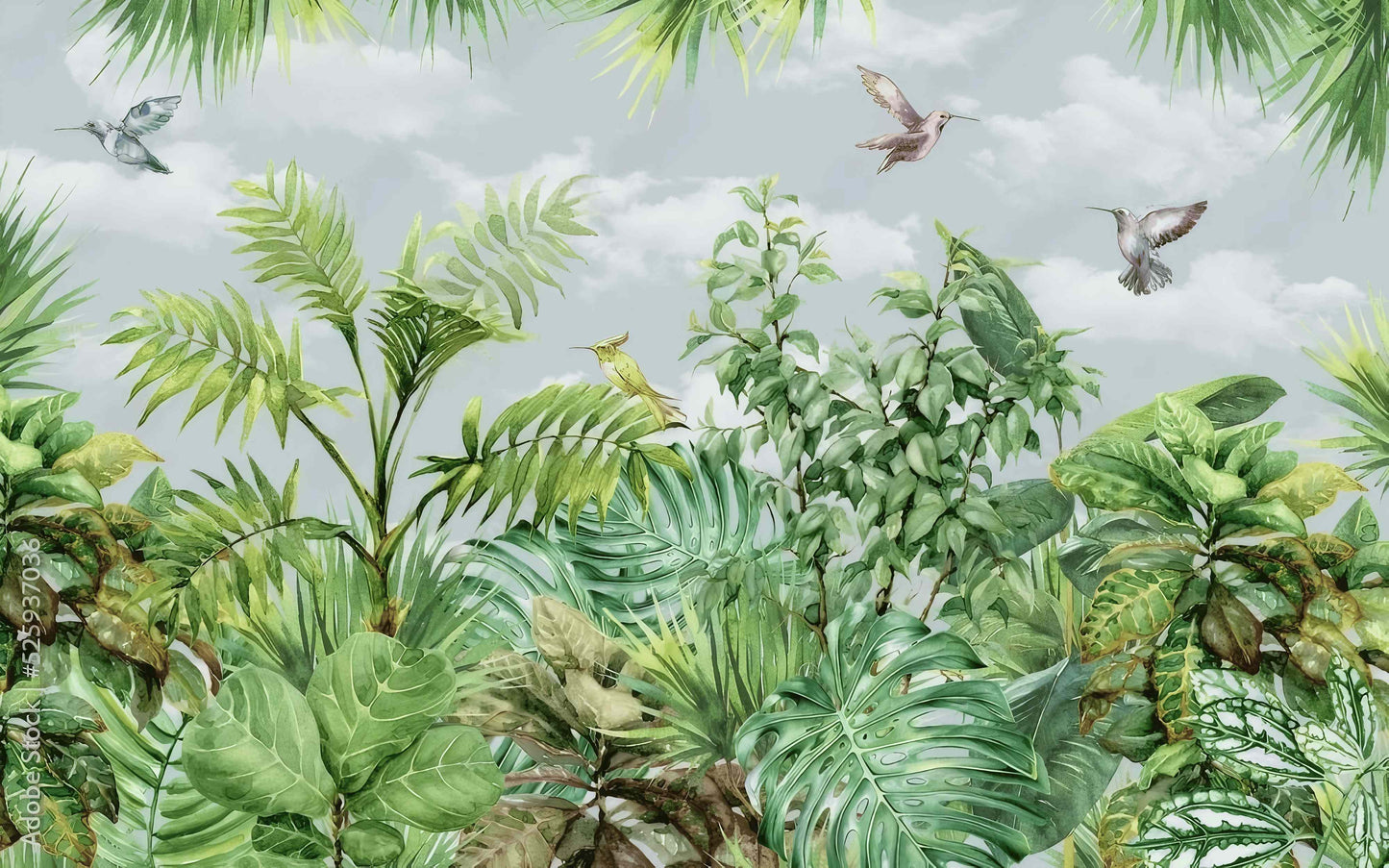 Fototapete mit grünen Pflanzen, selbstklebende Fototapete im Tropenstil „Tropische Frische“