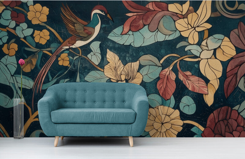 Leuchtende Fototapete mit Blumen und Vogel, auf Leinwand „Blütenflug“