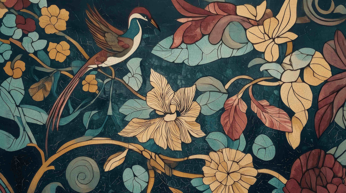 Leuchtende Fototapete mit Blumen und Vogel, auf Leinwand „Blütenflug“