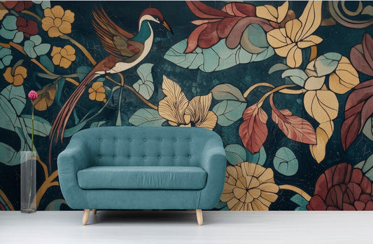 Leuchtende Fototapete mit Blumen und Vogel, auf Leinwand „Blütenflug“