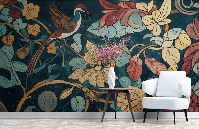 Leuchtende Fototapete mit Blumen und Vogel, auf Leinwand „Blütenflug“