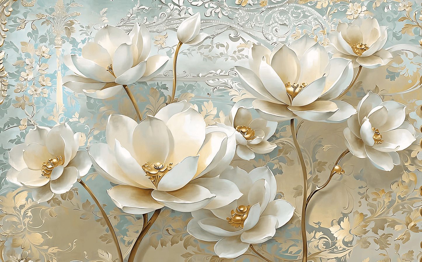 Modische Fototapete mit 3D-Blumen und Gold „Blütenpracht 3D“