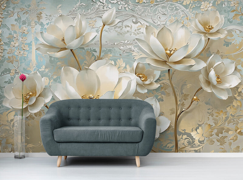 Modische Fototapete mit 3D-Blumen und Gold „Blütenpracht 3D“