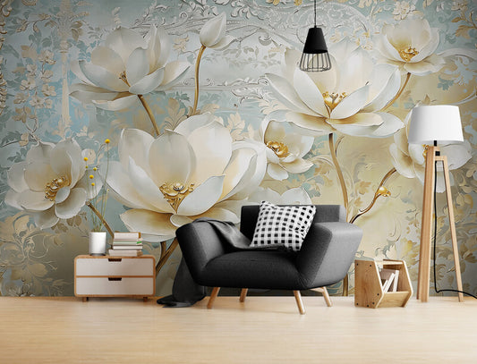 Modische Fototapete mit 3D-Blumen und Gold „Blütenpracht 3D“