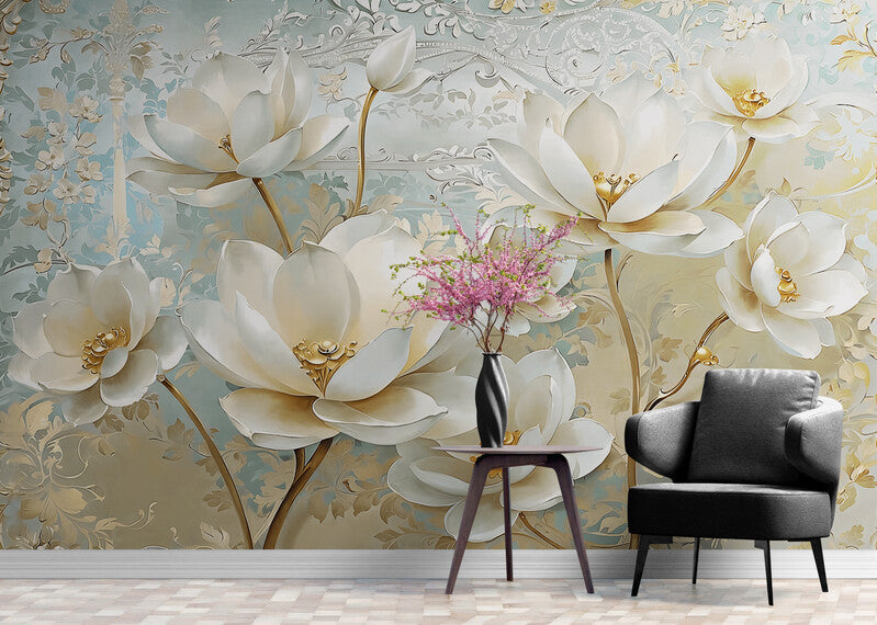 Modische Fototapete mit 3D-Blumen und Gold „Blütenpracht 3D“