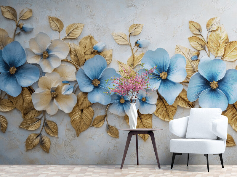 Temporäre Fototapete in Gold- und Blautönen mit Blumen „Himmel & Glanz“