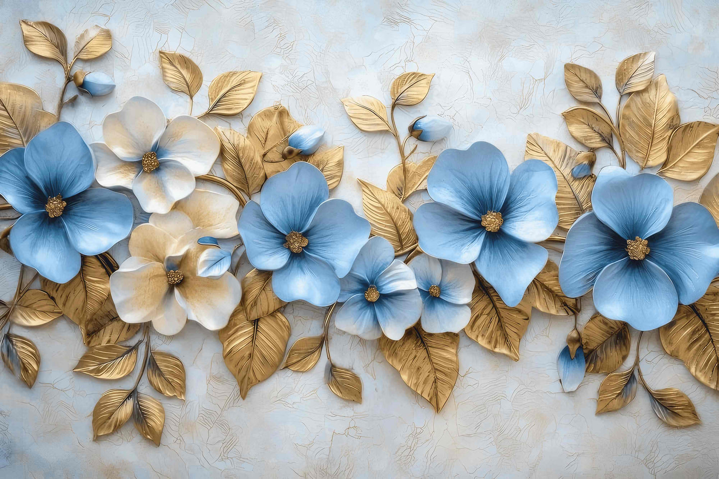Temporäre Fototapete in Gold- und Blautönen mit Blumen „Himmel & Glanz“