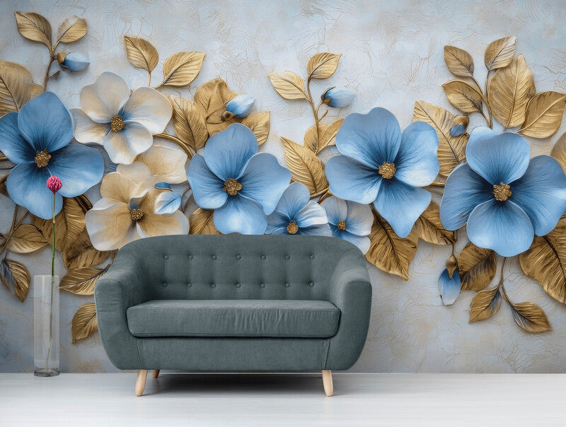 Temporäre Fototapete in Gold- und Blautönen mit Blumen „Himmel & Glanz“