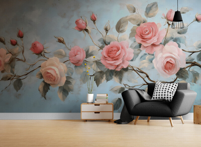 Fototapete auf Leinwand mit Rosen, „Zweig rosa Rosen“