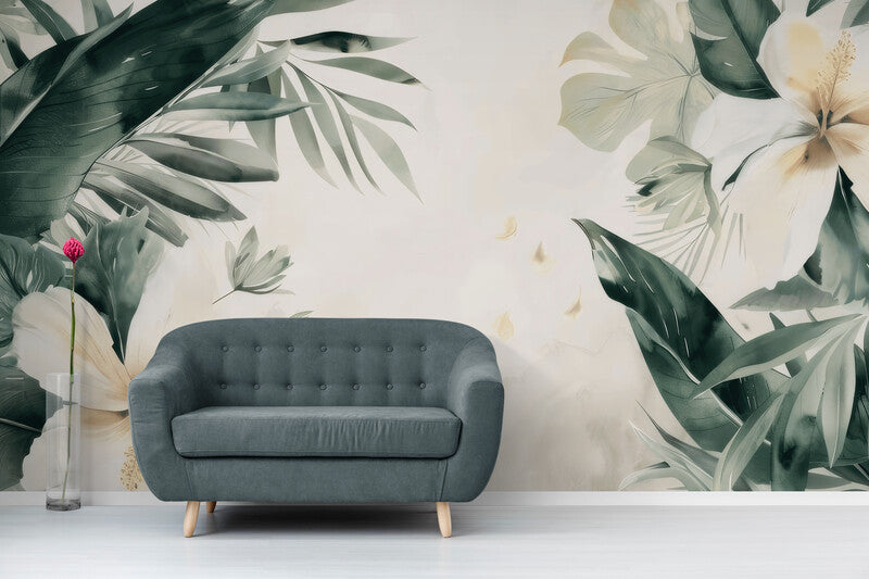 Fototapete in Weiß- und Grüntönen mit Blumen, für das Interieur „Frühlingsgrün“