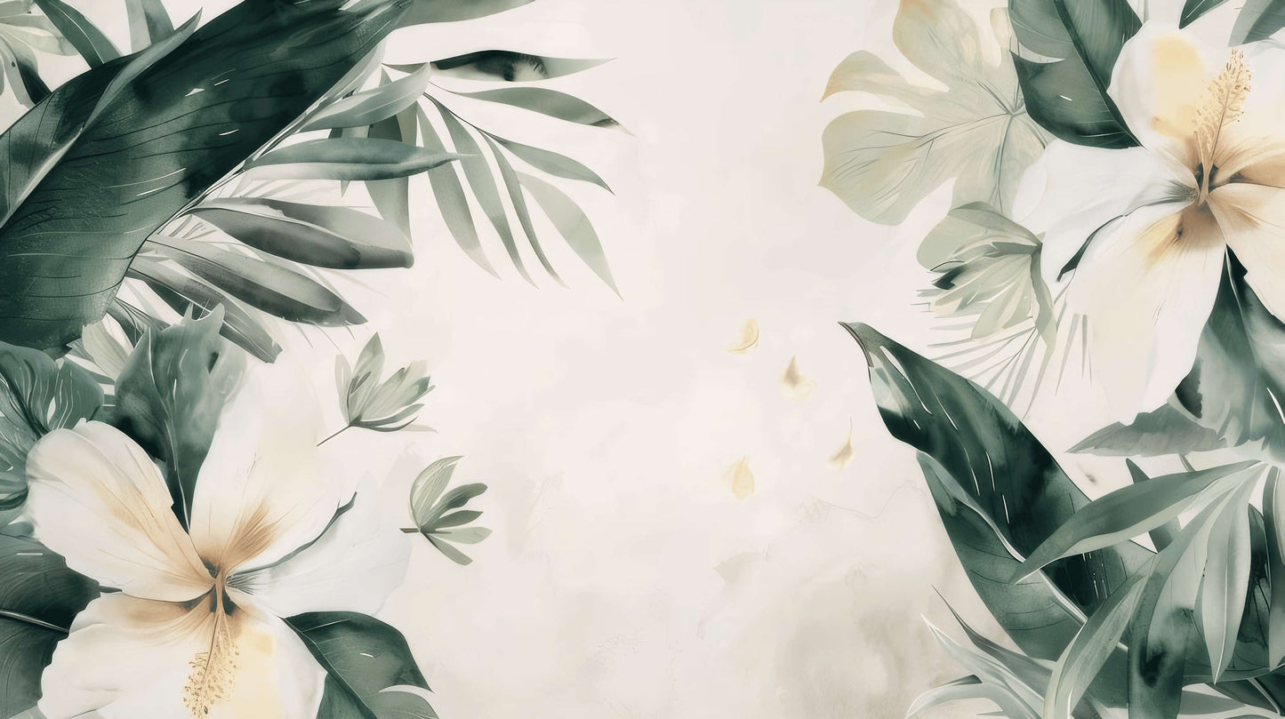 Fototapete in Weiß- und Grüntönen mit Blumen, für das Interieur „Frühlingsgrün“