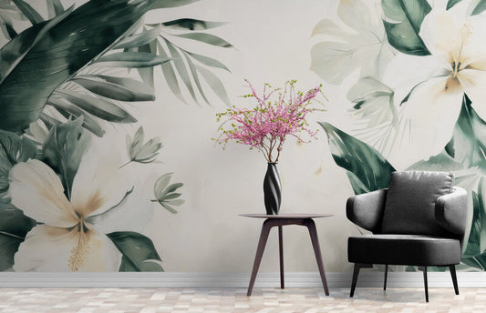 Fototapete in Weiß- und Grüntönen mit Blumen, für das Interieur „Frühlingsgrün“