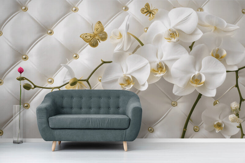 Helle Fototapete mit 3D-Blumen, Fototapete mit Orchideen „Weiße Orchidee“