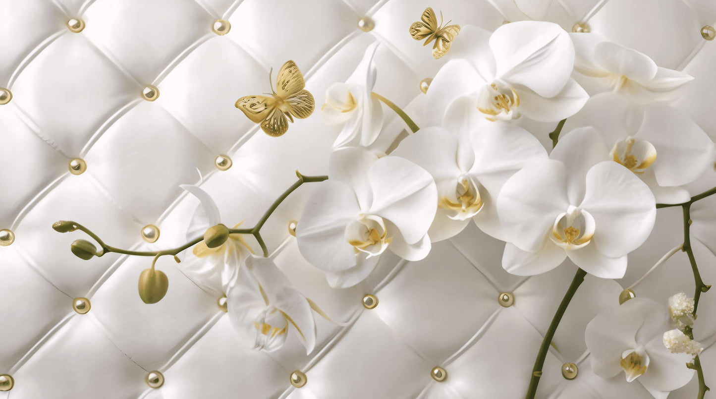 Helle Fototapete mit 3D-Blumen, Fototapete mit Orchideen „Weiße Orchidee“