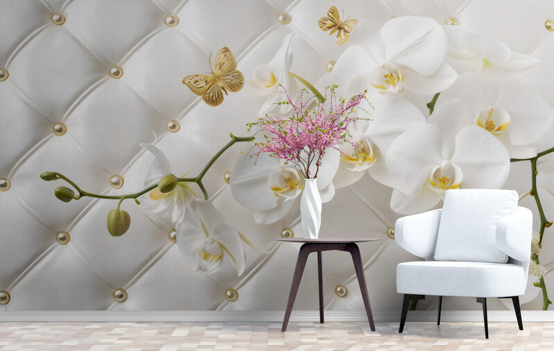Helle Fototapete mit 3D-Blumen, Fototapete mit Orchideen „Weiße Orchidee“