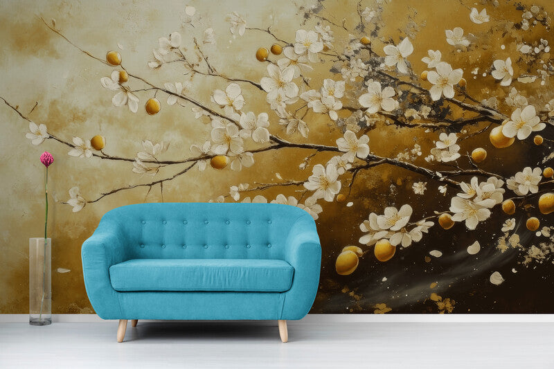Temporäre Fototapete mit Blumen, auf Vinyl „Zweig weißer Blüten“
