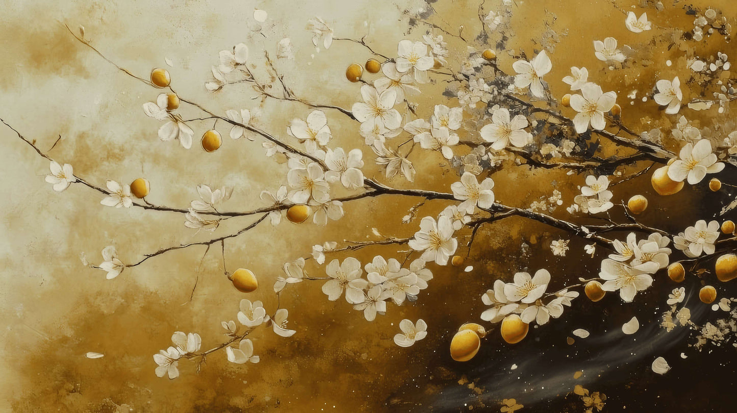 Temporäre Fototapete mit Blumen, auf Vinyl „Zweig weißer Blüten“