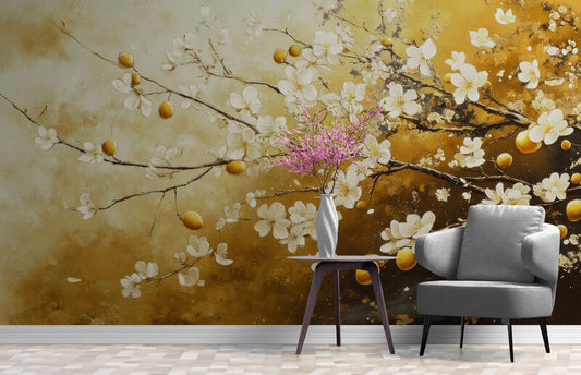 Temporäre Fototapete mit Blumen, auf Vinyl „Zweig weißer Blüten“