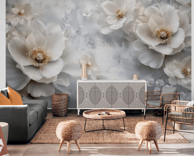 3D-Fototapete mit Blumen, selbstklebend, mit weißen Blüten „Lichtblüten“