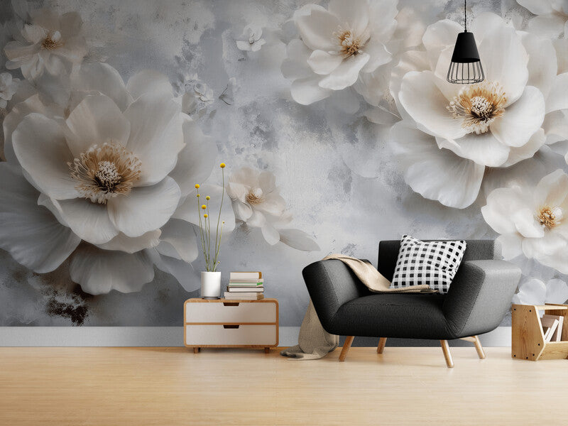 3D-Fototapete mit Blumen, selbstklebend, mit weißen Blüten „Lichtblüten“