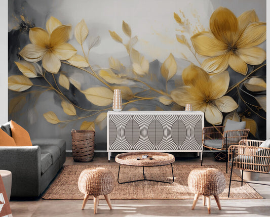 Vlies-Fototapete mit goldenen Blumen „Goldblüten“