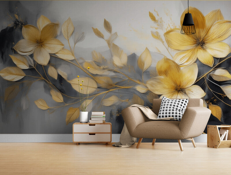 Vlies-Fototapete mit goldenen Blumen „Goldblüten“