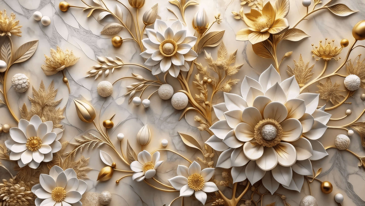 Selbstklebende Fototapete mit 3D-Blumen für die Wand „Blütenpracht“