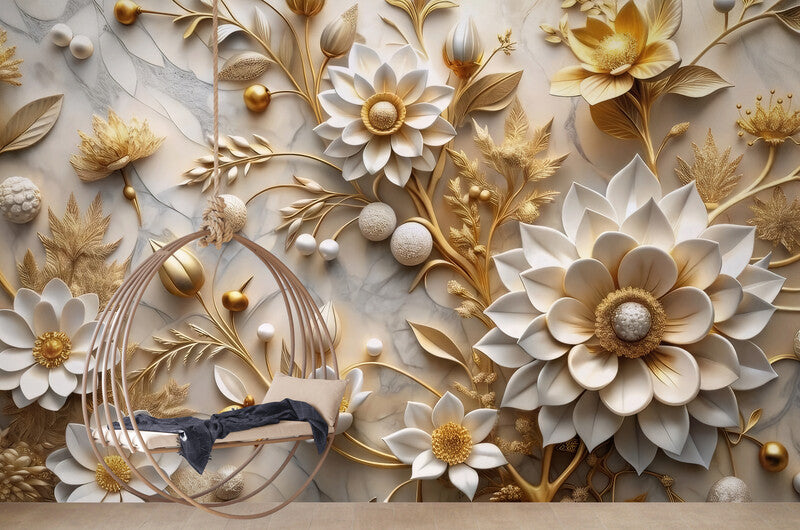 Selbstklebende Fototapete mit 3D-Blumen für die Wand „Blütenpracht“