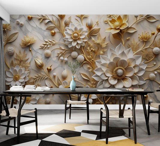 Selbstklebende Fototapete mit 3D-Blumen für die Wand „Blütenpracht“