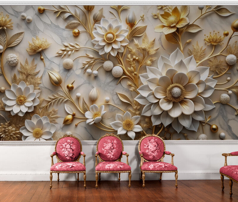 Selbstklebende Fototapete mit 3D-Blumen für die Wand „Blütenpracht“
