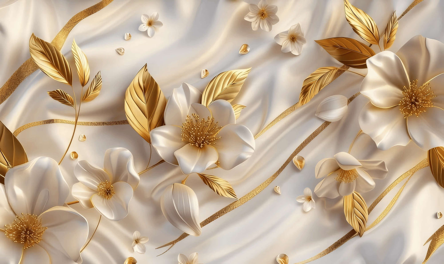 Fototapete mit 3D-Blumenmotiv in Weiß-Gold Wandbild Wohnzimmer „Goldene Blüten“