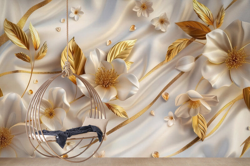 Fototapete mit 3D-Blumenmotiv in Weiß-Gold Wandbild Wohnzimmer „Goldene Blüten“
