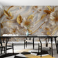 Fototapete mit 3D-Blumenmotiv in Weiß-Gold Wandbild Wohnzimmer „Goldene Blüten“