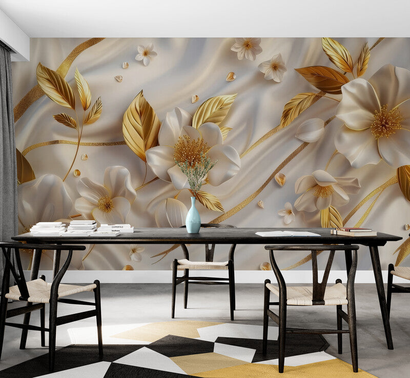 Fototapete mit 3D-Blumenmotiv in Weiß-Gold Wandbild Wohnzimmer „Goldene Blüten“