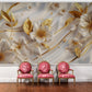 Fototapete mit 3D-Blumenmotiv in Weiß-Gold Wandbild Wohnzimmer „Goldene Blüten“