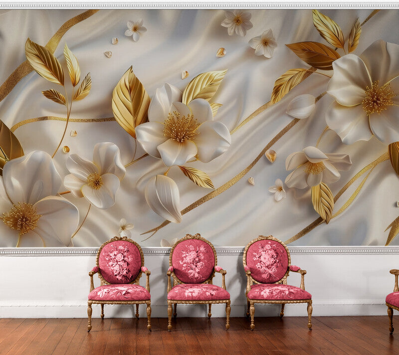 Fototapete mit 3D-Blumenmotiv in Weiß-Gold Wandbild Wohnzimmer „Goldene Blüten“