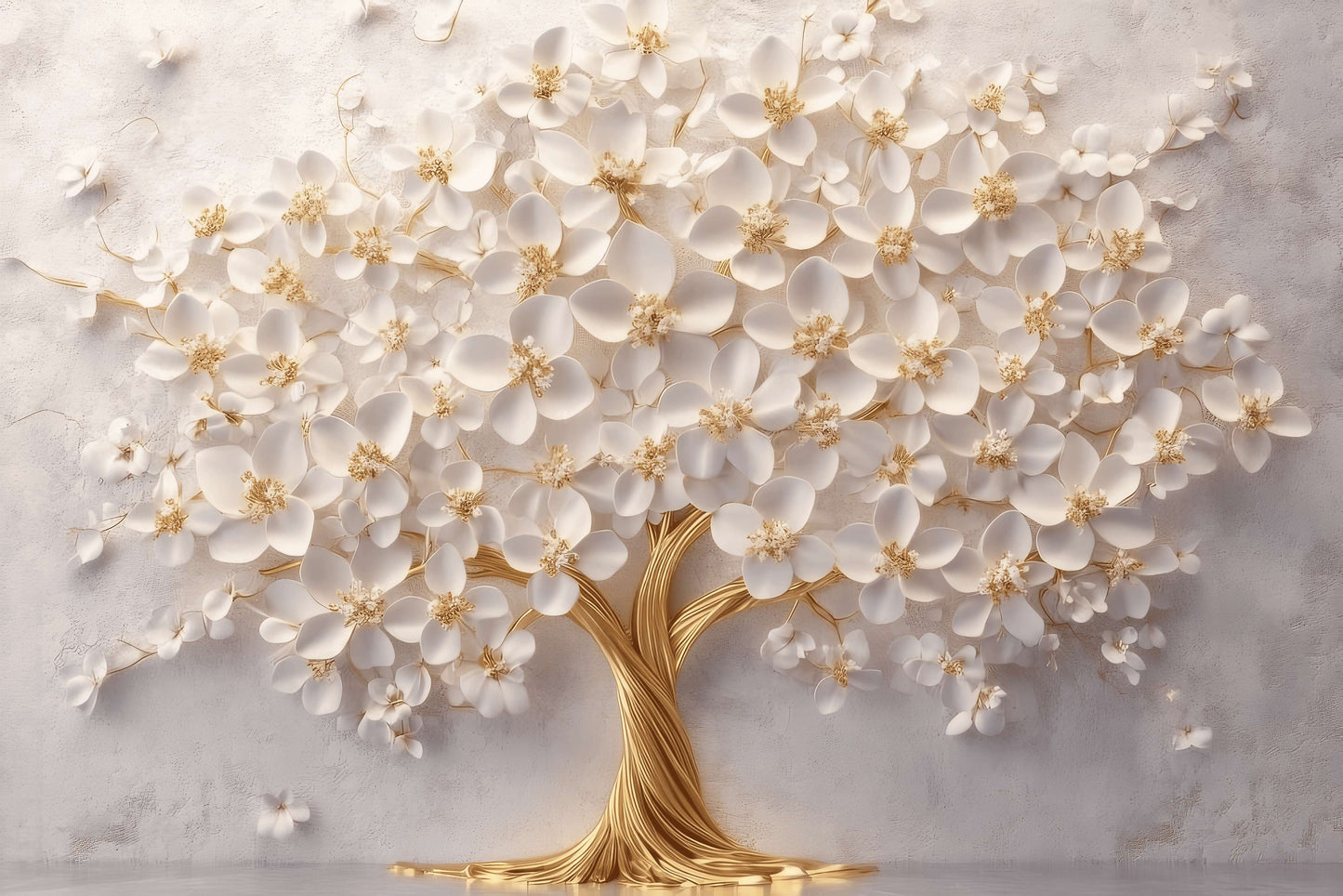 Selbstklebende Fototapete mit 3D-Motiv in Weiß-Gold, Blumenbaum-Design für die Wand „Blühender Baum“