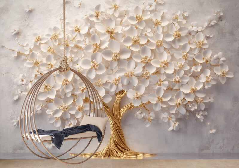 Selbstklebende Fototapete mit 3D-Motiv in Weiß-Gold, Blumenbaum-Design für die Wand „Blühender Baum“
