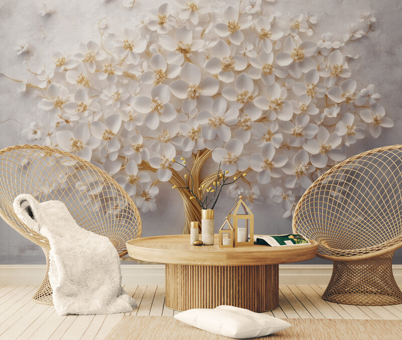 Selbstklebende Fototapete mit 3D-Motiv in Weiß-Gold, Blumenbaum-Design für die Wand „Blühender Baum“