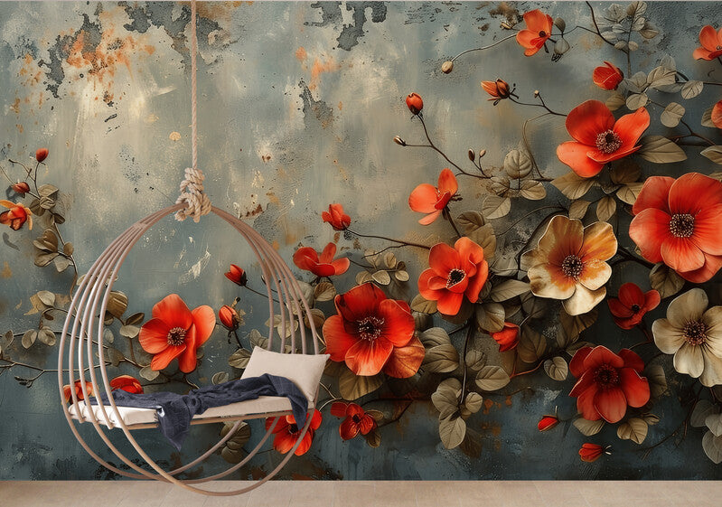 Temporäre Fototapete mit roten Mohnblumen, florales Wandmotiv „Rote Feldblumen“
