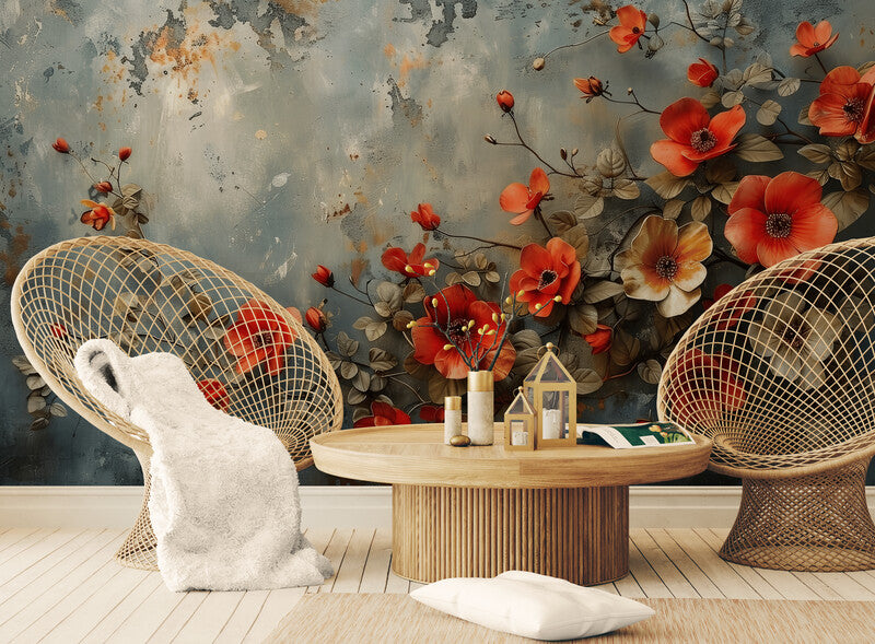 Temporäre Fototapete mit roten Mohnblumen, florales Wandmotiv „Rote Feldblumen“