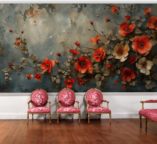 Temporäre Fototapete mit roten Mohnblumen, florales Wandmotiv „Rote Feldblumen“